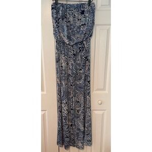 Abbeline Strapless Maxi Dress Small Blue White Paisley Print Elastic Waist